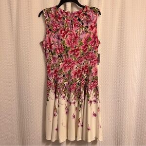 Gabby Skye Ivory Floral Multicolor Sleeveless Fit Flare Knit Size 10 Dress